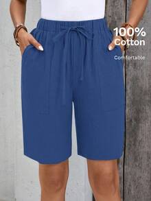 Rosumi 大码女式纯色弹力腰抽绳口袋宽松短裤 - 寶藍色 - 查看 10
