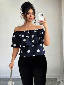 Elenzga Plus Size Women Classic Polka Dot Print Layered Ruffle Off-Shoulder Blouse - Navy Blue - View 4