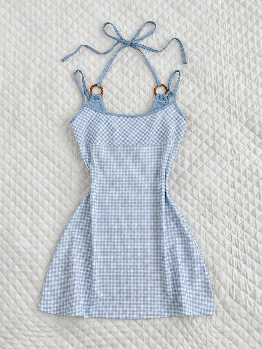 Flirla Gaun Mini 2 In 1 Motif Kotak-kotak Polos Minimalis untuk Wanita - Baby Blue - View 1
