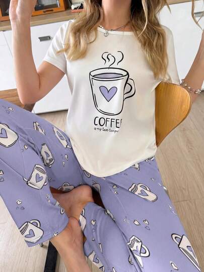 SweetSlumber Bộ đồ ngủ nữ họa tiết cốc cà phê hình trái tim