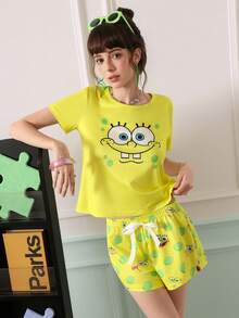 SpongeBob SquarePants | SHEIN Chillnights Cartoon Print Young Energetic Cute Short Sleeve & Shorts Women Pajama Set - Yellow - View 4
