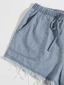 Shorts bajo crudo con bolsillo con parche de cintura con nudo - Lavado ligero - Ver 2