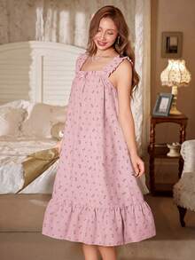 CottageSlumber Romantic Ditsy Ditsy Floral Frill Trim Spaghetti Strap Long Nightgown - Pink - View 4