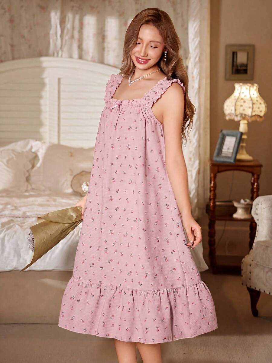 CottageSlumber Romantic Ditsy Ditsy Floral Frill Trim Spaghetti Strap Long Nightgown - Pink - View 1