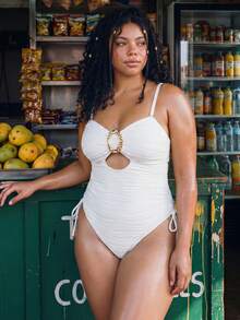 Swim Vcay 2026 New Gold Spaghetti Strap Minimalist Sexy Plus Size One-Piece Swimsuit For Beach Party Vacation Spring/Summer - White - View 5