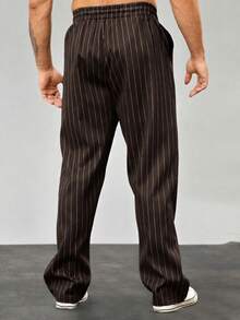 Manfinity Homme Pantalones rectos con cintura con cordón y estampado de rayas, adecuados para el uso diario - Café integral - Ver 2