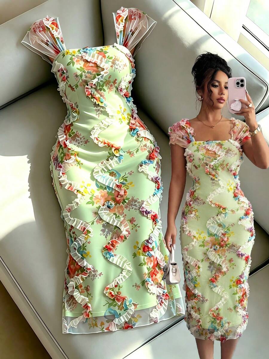 Elenzga Gaun Midi Wanita Elegan Romantis dengan Motif Jala dan Kerutan, Cocok untuk Musim Pernikahan, Pesta, Kencan, Jalan-jalan Santai, Musim Semi/Panas - Hijau - View 1