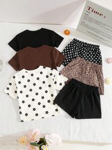 SHEIN 6pcs/Set Young Girl Knitted Printed Round Neck Loose T-Shirt And Fitted Shorts,Buy 2 Get 4 Free - Multicolor - View 2