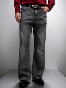 Zorclune Quần Jeans Denim Dáng Rộng Thẳng Đơn Giản Có Túi Cho Nam - Màu Xám nhạt - Xem 1