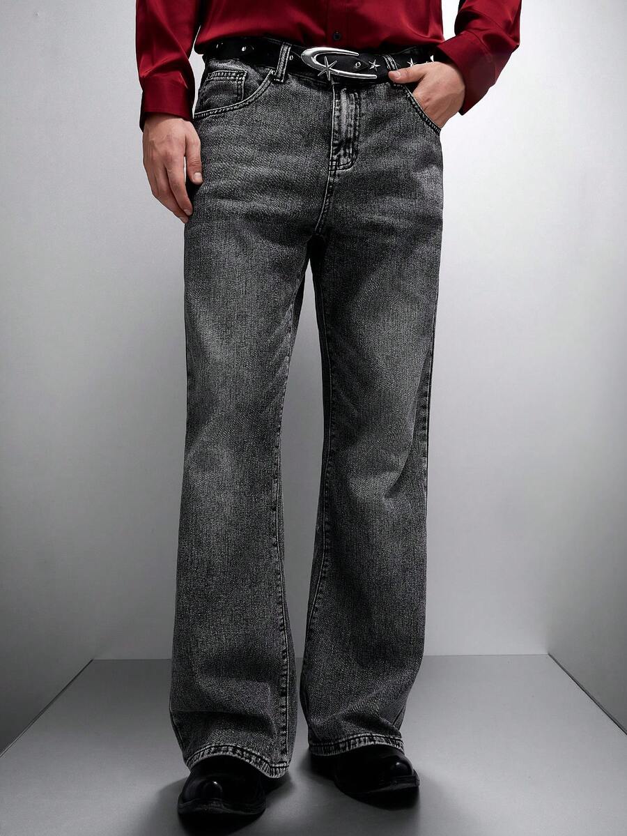 Zorclune Quần Jeans Denim Dáng Rộng Thẳng Đơn Giản Có Túi Cho Nam - Màu Xám nhạt - Xem 1