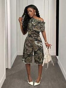 Slaydiva Bộ jumpsuit denim nữ kiểu dáng thường ngày với thiết kế vai bất đối xứng, thích hợp mặc hàng ngày. - xanh quân đội - Xem 7