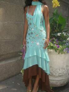 Opulessa Women's Floral Sequin Asymmetric Hem Elegant Slip Dress - Baby Blue - View 5