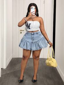 Slaydiva Plus Size Plain Simple Casual Denim Mini Skirt - Light Wash - View 6