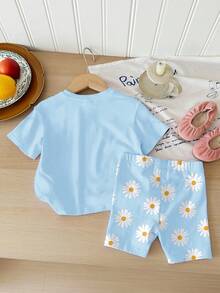 Set 2 Potong Baju dan Celana Pendek Kasual untuk Bayi Perempuan, Cocok untuk Musim Panas, Biru Langit - MultiWarna - View 2