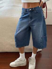 DAZY Quần jeans lửng dáng rộng, rách rưới kiểu cao bồi miền Tây dành cho nữ, thích hợp cho mùa hè. - Màu xanh lam - Xem 1