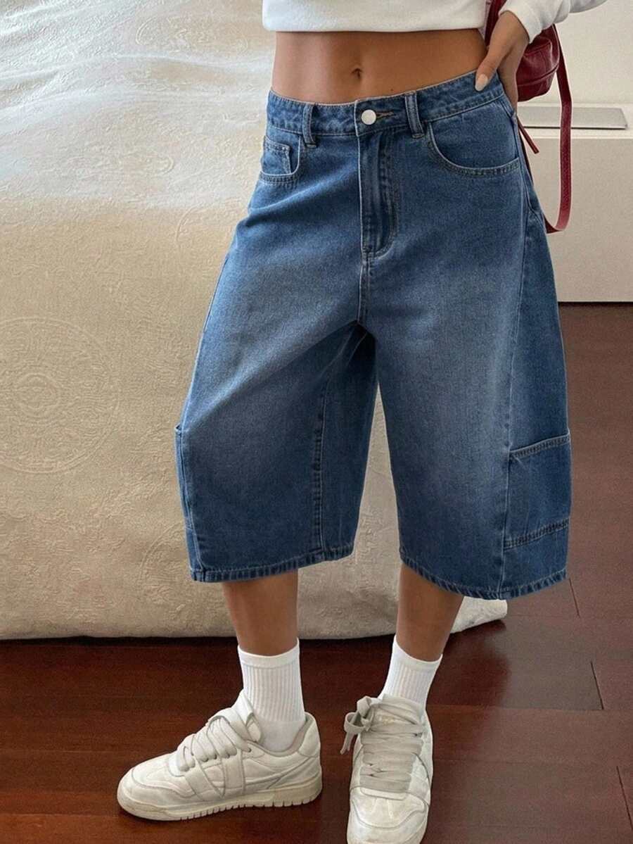 DAZY Quần jeans lửng dáng rộng, rách rưới kiểu cao bồi miền Tây dành cho nữ, thích hợp cho mùa hè. - Màu xanh lam - Xem 1