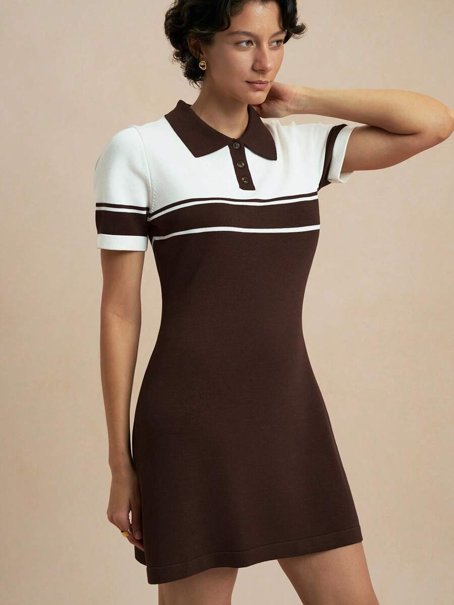 Nima Coro Brown And White Contrast Collar Preppy Classic Everyday Teacher Elementary Spring/Summer Women Short Sleeve Fitted Knit Dress Back-To-School - Coffee Brown - View 1
