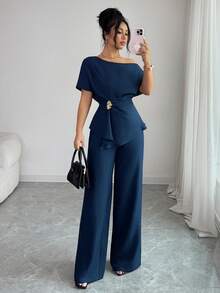 Elegante y urbano conjunto de primavera/verano para mujer con pantalón ancho de una sola manga con hebilla metálica en la cintura, adecuado para uso diario, bodas, galas, ir al trabajo, fiestas de graduación, vacaciones, citas, fiestas, Halloween, Navidad, Año Nuevo, Acción de Gracias, bodas - Marrón - Ver 10
