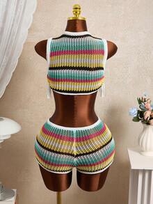 Swim Vcay Set de 2 piezas: Top de tirantes corto de malla a rayas colorida de verano + Pantalones cortos a rayas de colores saturados, Bikini Cover Up - Multicolor - Ver 2