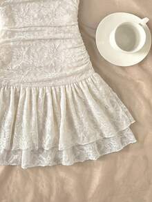 SHEIN Đầm ngắn không tay dáng ôm cho bé gái tuổi teen, kiểu dáng thanh lịch, ren Pháp xếp nếp, họa tiết hoa 3D, cổ tròn bất đối xứng, màu trắng, thích hợp mặc hàng ngày, dự tiệc sinh nhật, lễ tốt nghiệp. - trắng - Xem 6