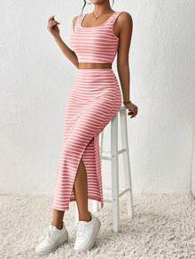Flirla Women's Solid Color Scoop Neck Striped Print Tank Top And High Slit Skirt 2-Piece Set - Pink - View 3