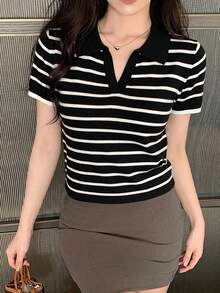 Livesso Tall Women's Summer Lapel Short Sleeve Loose Striped Urban Casual Pullover Knit Top, Tall Women - Black and White - View 9