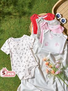 SHEIN Vintaside Kids 5件套女婴柔软舒适圆领纯色连体衣，时尚休闲日常穿着，易于穿脱，适合春夏穿着 - 彩色 - 查看 3