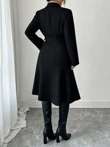 Elenzga Plus Size Women's Solid Color Double-Breasted Long Sleeve Elegant Overcoat - Black - View 2