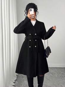 Elenzga Plus Size Women's Solid Color Double-Breasted Long Sleeve Elegant Overcoat - Black - View 3