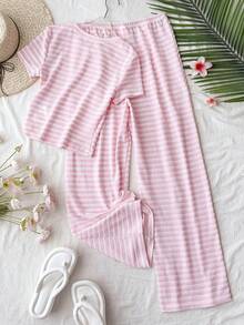SHEIN 儿童/少女粉色条纹圆领短袖修身T恤及配套休闲裤套装，春夏百搭 - 粉色 - 查看 2
