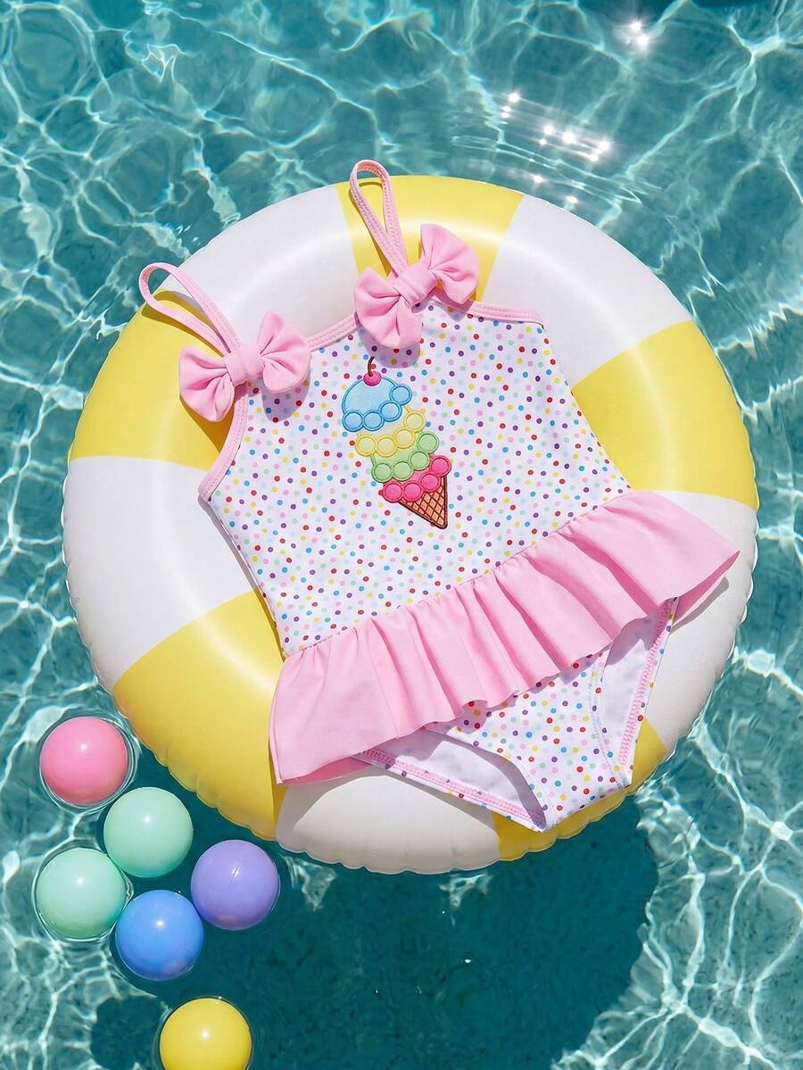 SHEIN Baby Girl Knitted Adorable Ice Cream & Polka Dot Pattern Romper Swimsuit - Multicolor - View 1