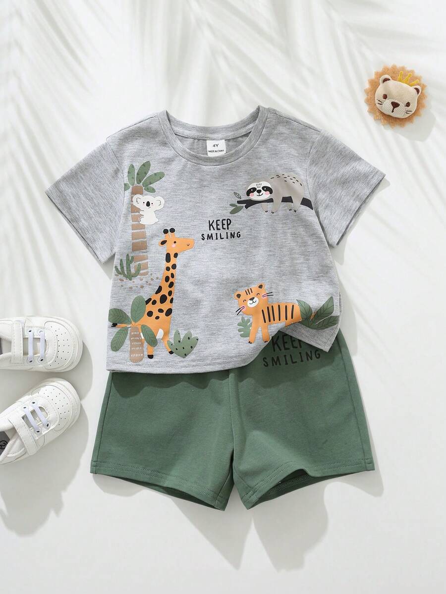 SHEIN Young Boys Cartoon Animal Print Short Sleeve T-Shirt Set - Multicolor - View 1
