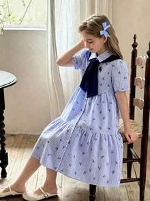 SHEIN Girls Back To School Summer Cute Casual School Blue White Short Sleeve Embroidered Dress Older - Blue - View 1