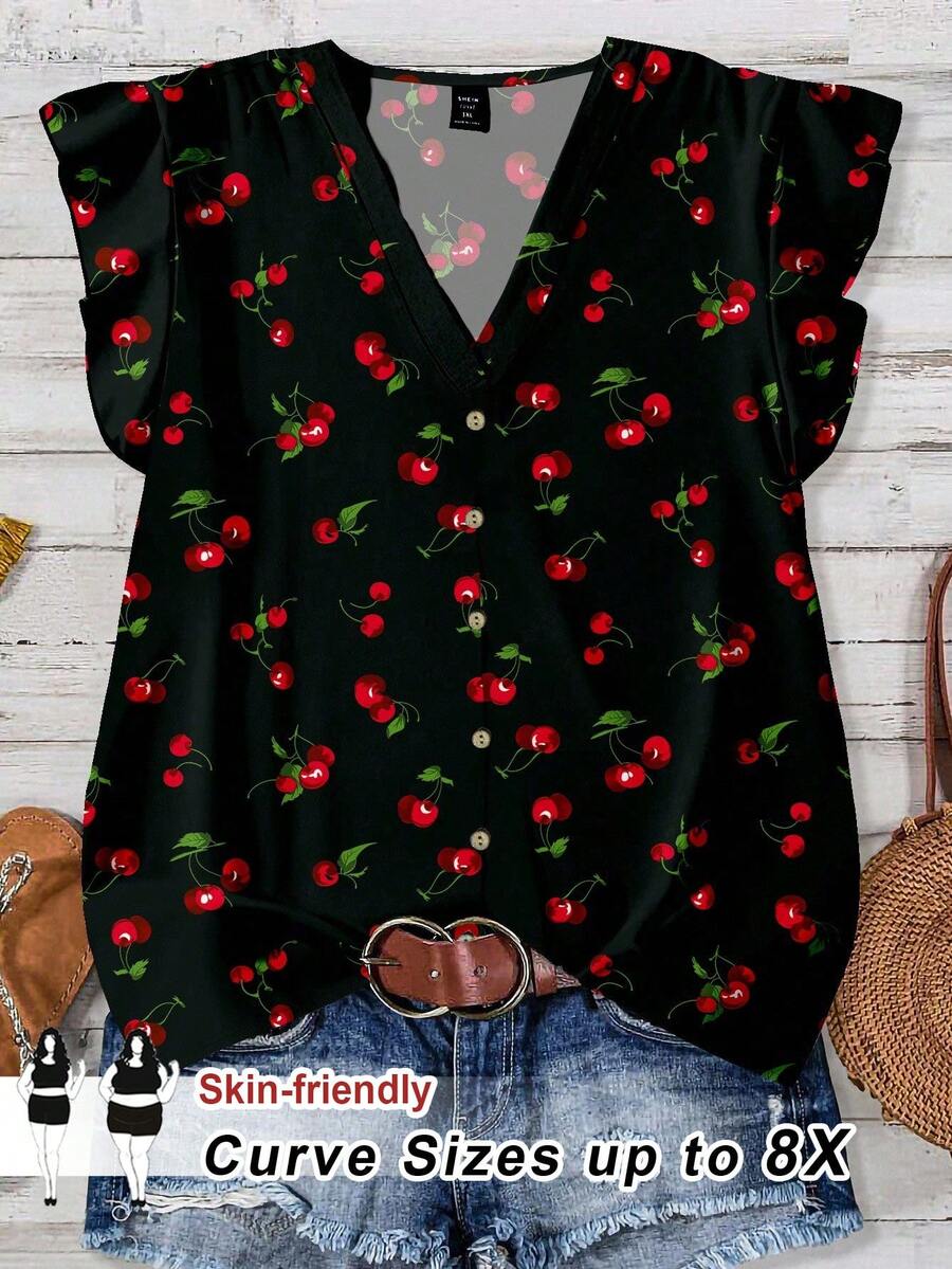 SHEIN CURVE+ 大码樱桃印花休闲宽松女式衬衫，适合夏季穿着 - 白色 - 查看 1