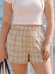 Solavibe Plus Size Casual 90s Plaid Shorts Back-To-School Graduation Beige Summer - Khaki - View 2