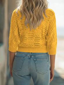 Balvessa 女款休閒熱帶歐式波希米亞風V領短袖針織衫，秋季度假芥末黃 - 薑色 - 查看 2