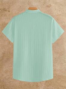 HIMLAND Light Blue Short Sleeve Shirt - Textured Weave, Button Front, Chest Pocket. Men's Casual Summer Vacation Style. Relaxed Fit, Beach Resort Essentia - Mint Green - View 3