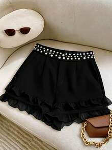 GlowEve CURVE Plus Size Elegant Faux Pearl Beaded Ruffle Hem Shorts, Summer - Black - View 5
