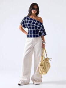 LYSMO Women's Elegant Sexy Navy Blue Plaid Asymmetric Shoulder Ruffle Shirt Blouse Summer Work Day Party Night Out Tops - Navy Blue - View 3