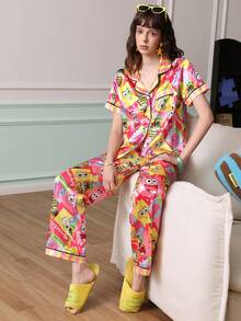 Chillnights SpongeBob SquarePants | SHEIN Conjunto de pijama con top de satén de manga corta con estampado lindo y pantalones largos para mujeres y jóvenes - Multicolor - Ver 5