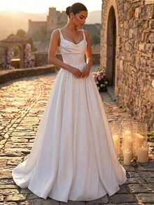 Glamrae Elegant Luxurious Satin Ruffle Collar Design Extra-Large Hem Suitable For Wedding, Singles Party, Vacation, Ball, Holiday, Honeymoon Bridal Gown - White - View 4