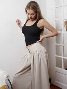 Cassandra Jullia Nuovi pantaloni larghi casual ed eleganti da donna con design floreale e fibbia, pantaloni lunghi in lino di colore cachi, adatti per il Ringraziamento, Ognissanti, primavera/estate - Albicocca - Visualizzare 3