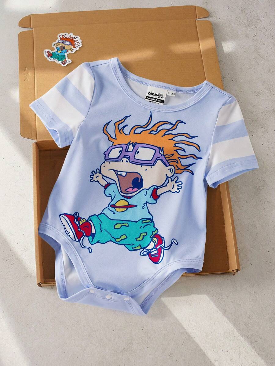 Nick 90s | SHEIN Baby Boy Summer Casual Striped Cartoon Portrait Print Round Neck Short Sleeve Romper - Blue - View 1