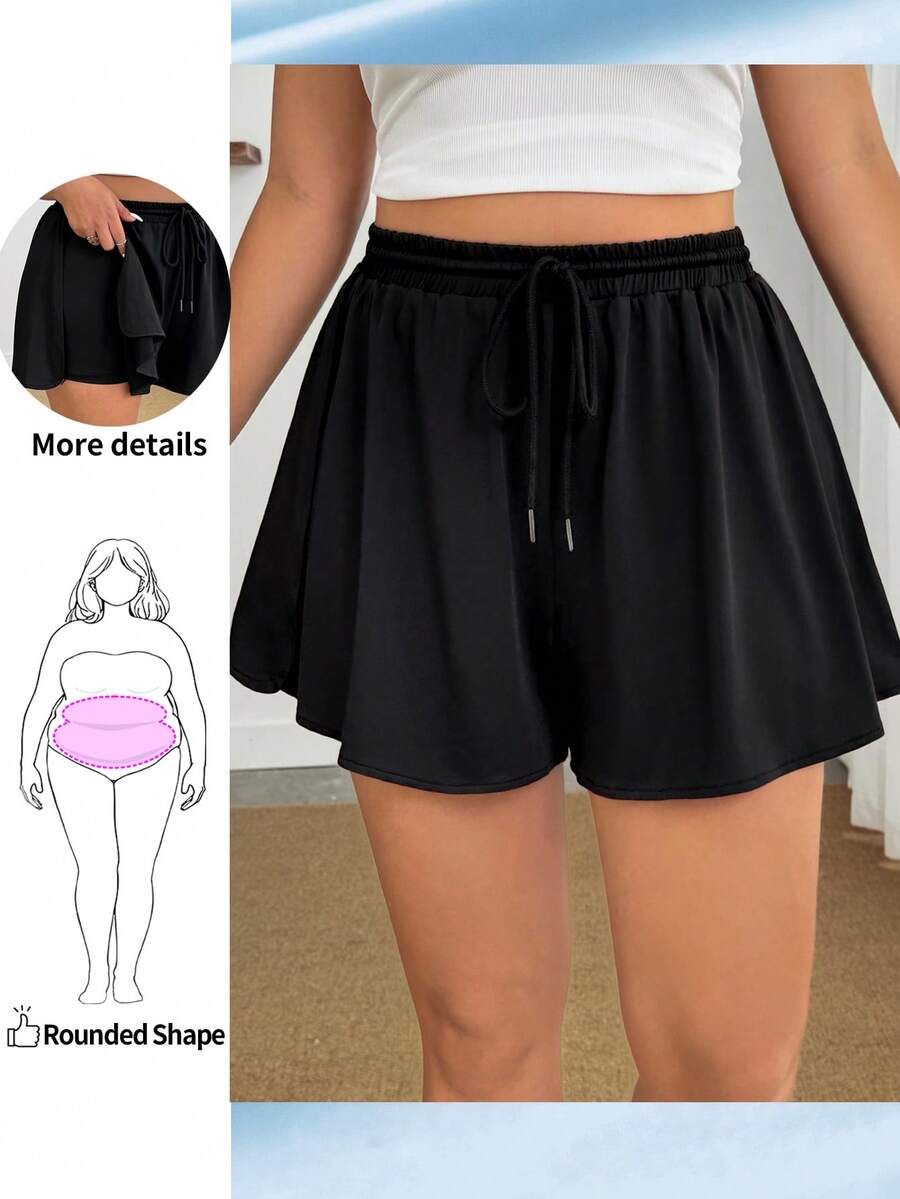 Enliva Plus Size Women Elastic Waist Casual Solid Color Drawstring Shorts, Summer, For Apple And Rounded Body Shape - Black - View 1