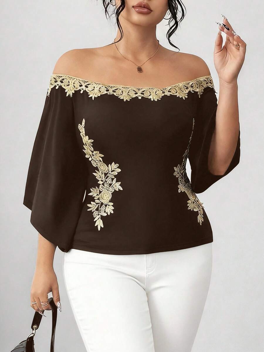 Elenzga Plus Size Women Fashion Versatile 3D Embroidery Decor Off-Shoulder T-Shirt - Brown - View 1
