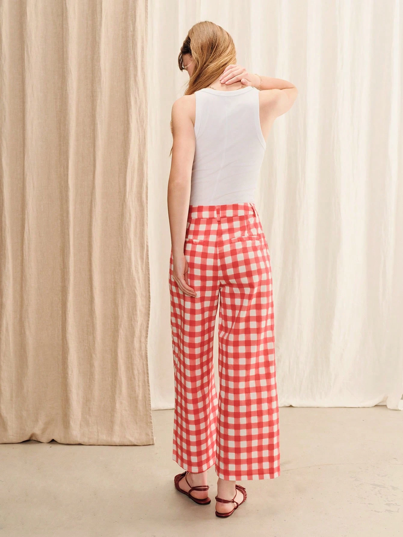 High Waisted Red Checkered Printed Cotton Pants With Wide Legs Cute French Spring Summer Holiday Outfit Work Outfit Vintage Outfit Red Check Pants