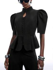 LYSMO Áo blazer nữ tay ngắn cổ sườn xám khoét rỗng màu trơn thanh lịch cho mùa hè - màu đen - Xem 3