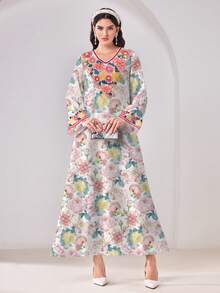 Al Najma Đầm dài tay cổ chữ V in hoa, kiểu dáng Ả Rập, giản dị, tối giản, kín đáo. - Nhiều màu - Xem 1