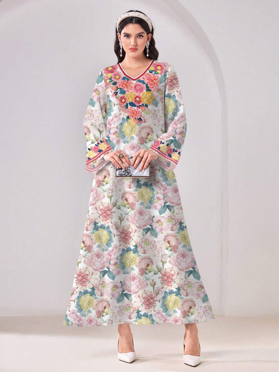 Al Najma Đầm dài tay cổ chữ V in hoa, kiểu dáng Ả Rập, giản dị, tối giản, kín đáo. - Nhiều màu - Xem 1
