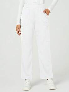TaskEZ Solid Color Slant Pocket Elastic Waist Pants, Scrub Bottom - White - View 3